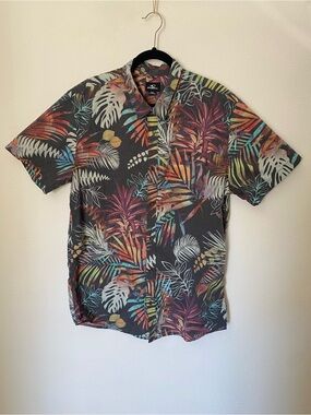 O'Neill Tropical Palm Print Short Sleeve Button-Up Shirt XXL Charcoal Vacation